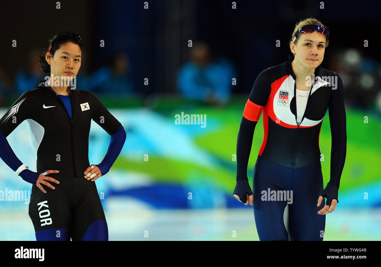 Bo-Ra Lee of Korea and Karolina Erbanova of the Czech Republic (R) look at their scores after competing in women's 500 meter speed skating at the Richmond Olympic Oval in Vancouver, Canada, during the 2010 Winter Olympics on February 16, 2010.     UPI/Roger L. Wollenberg Stock Photo