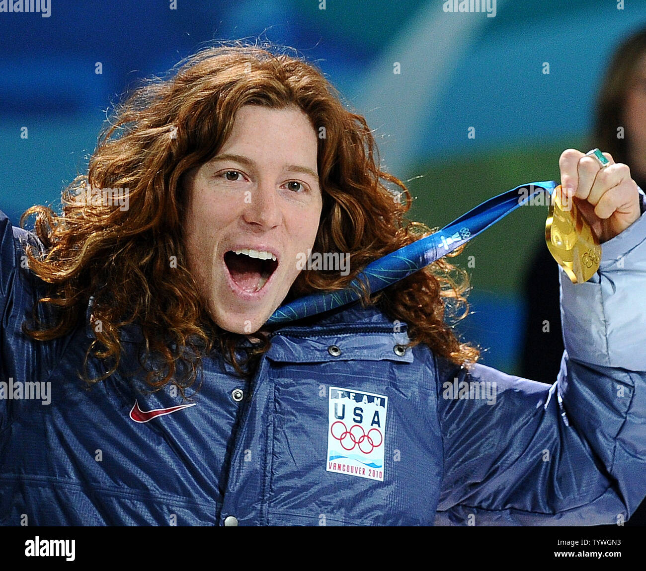 Shaun White of the United States celebrates his gold medal in