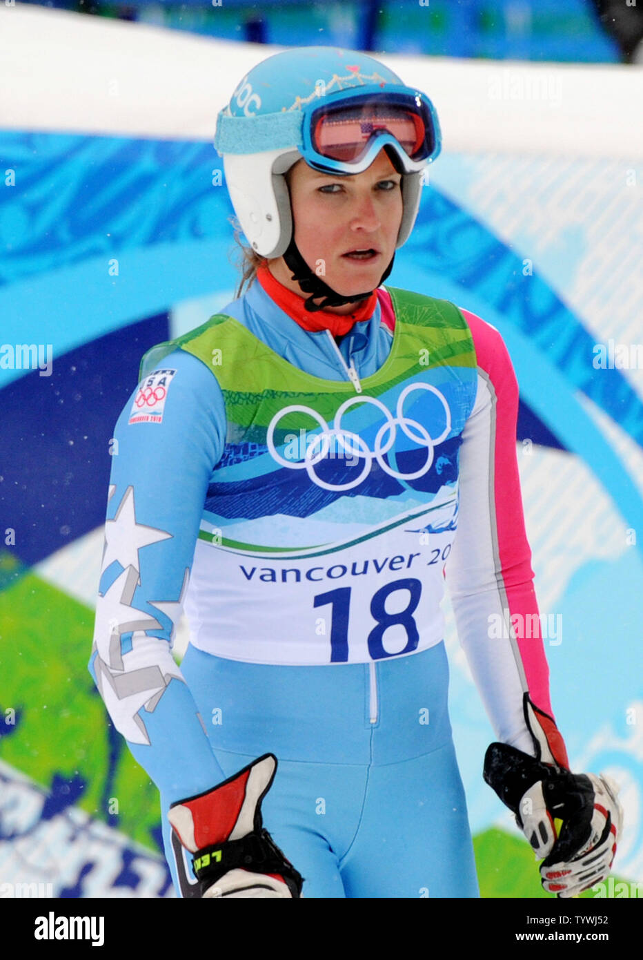 An emotional and dejected USA's Julia Mancuso leaves the course after her slow time in the first run of the Women's Giant Slalom at Whistler Creekside at the Winter Olympics on February 24, 2010.  Mancuso had to restart after teammate Lindsey Vonn fell on the course.       UPI/Pat Benic Stock Photo