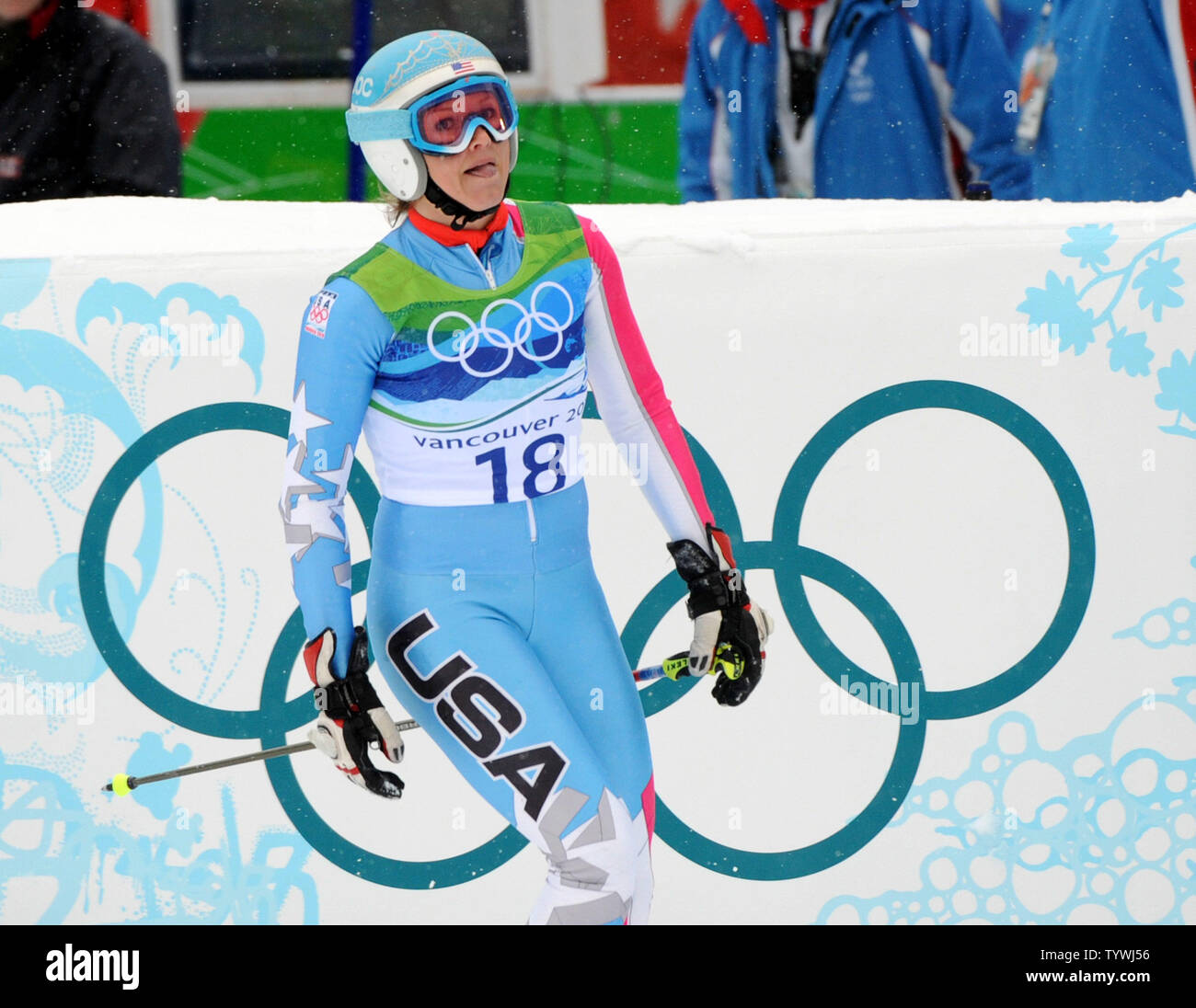 A dejected USA's Julia Mancuso looks at her slow time after the first run of the Women's Giant Slalom at Whistler Creekside at the Winter Olympics on February 24, 2010.  Mancuso had to restart after teammate Lindsey Vonn fell on the course.       UPI/Pat Benic Stock Photo