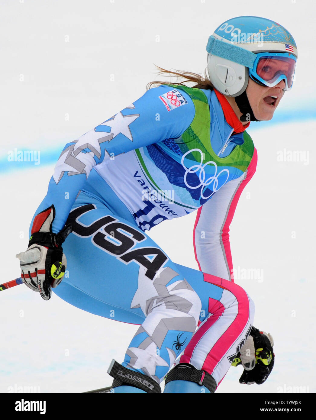 A dejected USA's Julia Mancuso looks at her slow time after the first run of the Women's Giant Slalom at Whistler Creekside at the Winter Olympics on February 24, 2010.  Mancuso had to restart after teammate Lindsey Vonn fell on the course.       UPI/Pat Benic Stock Photo