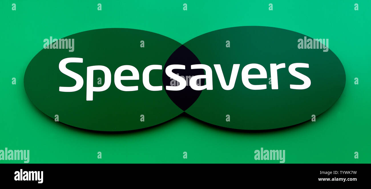 Specsavers, shop, logo, sign, eye care, spectacles, England, UK Stock Photo