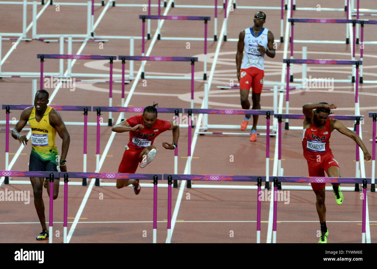 The olympic record holder in the 110m hurdles hires stock photography