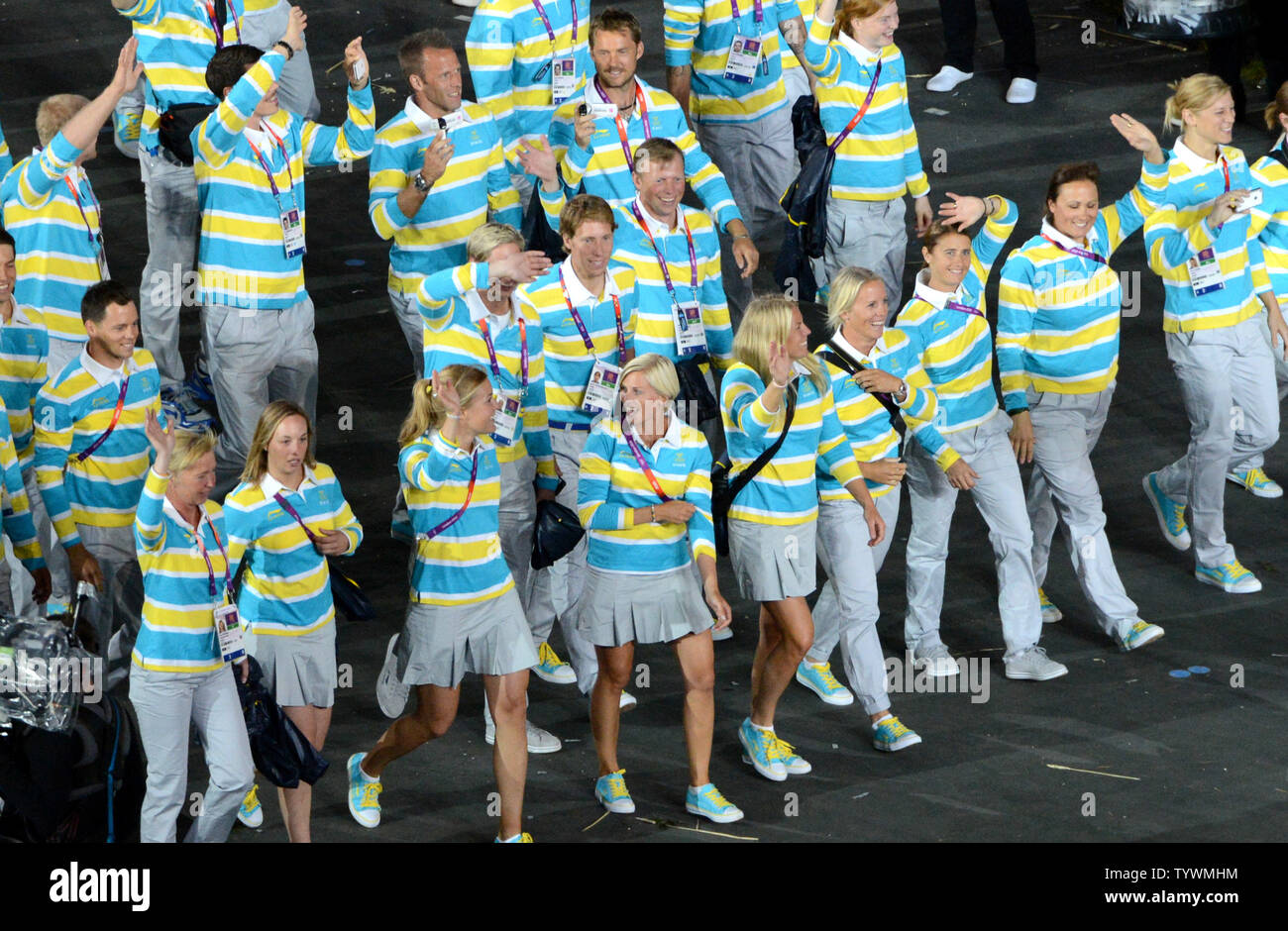 Team Sweden enters the stadium in the Parade of Nations during the Opening Ceremony of the London 2012 Summer Olympics on July 27, 2012 in Stafford, London. UPI/Pat Benic Stock Photo