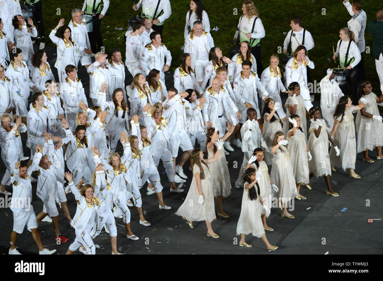 Team Great Britain enters in the Parade of Nations during the Opening Ceremony of the London 2012 Summer Olympics on July 27, 2012 in Stafford, London. UPI/Pat Benic Stock Photo