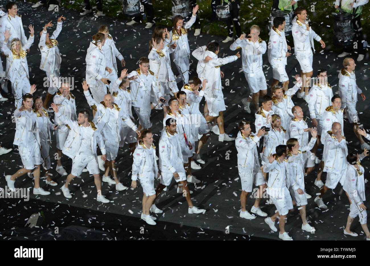 Team Great Britain enters in the Parade of Nations during the Opening Ceremony of the London 2012 Summer Olympics on July 27, 2012 in Stafford, London. UPI/Pat Benic Stock Photo