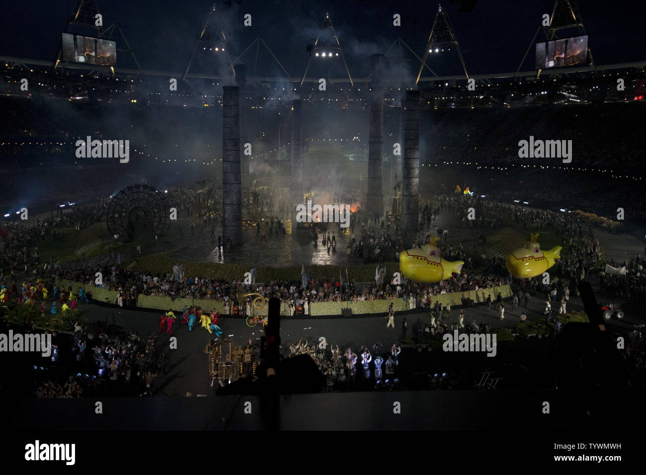 Actors perform during the Age of Industry scene during the Opening Ceremony at the London 2012 Summer Olympic Games on July 27, 2012 in London.   UPI/Ron Sachs Stock Photo