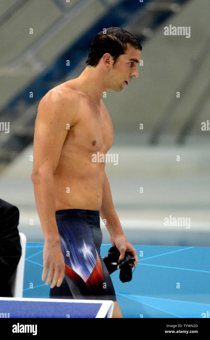 USA's Michael Phelps is dejected as he finishes fourth and out of the medals in the Men's 400 Individual Medley Final at the Aquatics Center during the London 2012 Summer Olympics in Stratford, London on July 28, 2012.    Phelps won eight gold medals in Beijing.   UPI/Pat Benic Stock Photo
