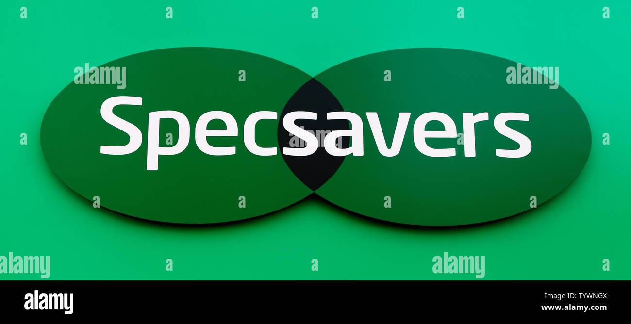 Specsavers, shop, logo, sign, eye care, spectacles, England, UK Stock Photo