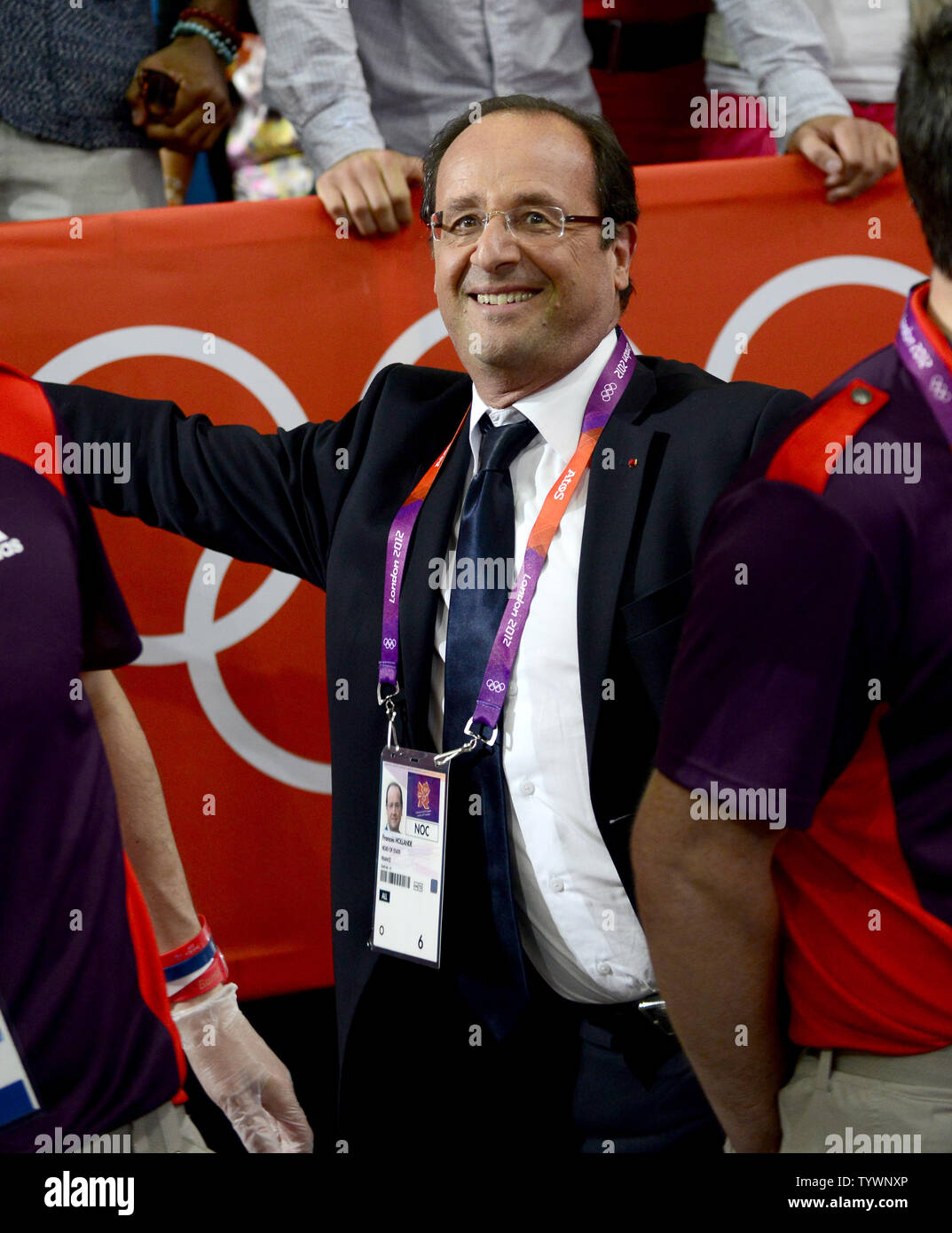President Francois Hollande of France attends the men's 73kg Judo contest at the London 2012 Summer Olympics on July 30, 2012 in London.  Hollande witnessed Ugo LeGrand's Bronze Medal contest against Ki-Chun Wang of the Republic of Korea (South Korea).  UPI/Ron Sachs Stock Photo