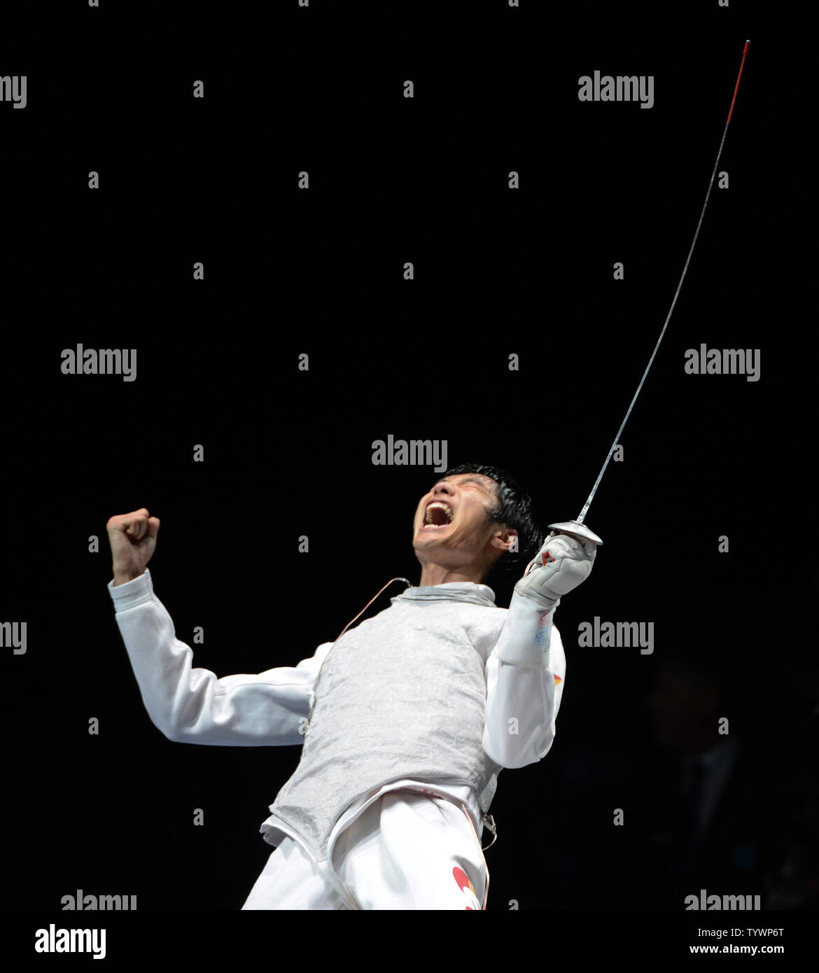 Lei Sheng of China celebrates winning the men's Foil Individual gold ...
