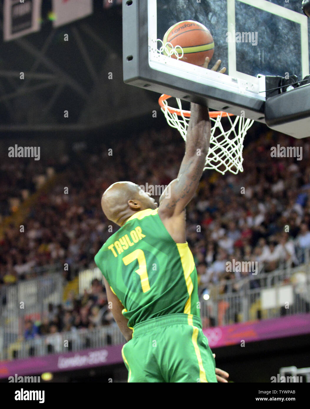 Larry Taylor (7) of Brazil scores in first half action of the Great Britain v. Brazil preliminary round - group B basketball game at the London 2012 Summer Olympics on July 31, 2012 in London.   UPI/Ron Sachs Stock Photo