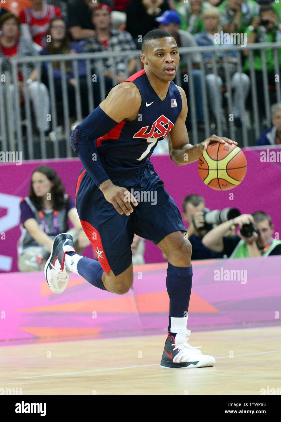 Guard Russell Westbrook (7) of the United States in action against Tunisia in a preliminary round - group A basketball game at the London 2012 Summer Olympics on July 31, 2012 in London.  UPI/Ron Sachs Stock Photo