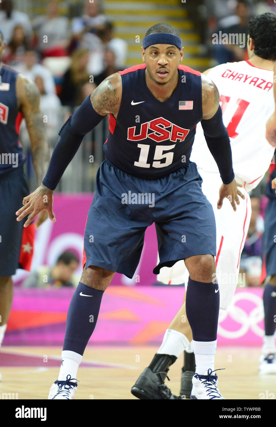 Forward Carmelo Anthony of the United States in first half action against Tunisia in a preliminary round - group A basketball game at the London 2012 Summer Olympics on July 31, 2012 in London.  UPI/Ron Sachs Stock Photo