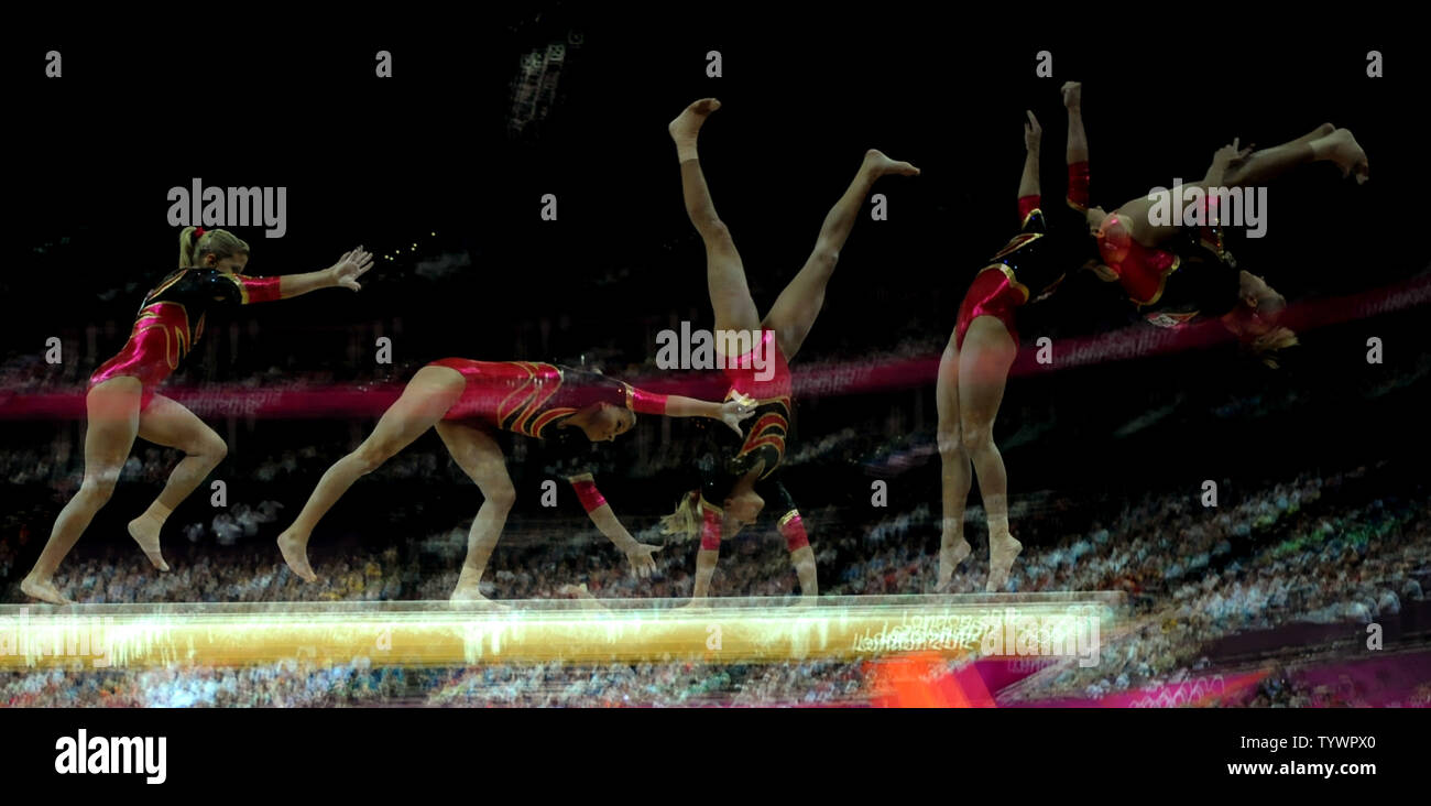 In a multiple exposure, Germany's Elisabeth Seitz dismounts from the Balance Bean  in the Women's Gymnastics Individual All-Around event at the North Greenwich Arena  during the London 2012 Summer Olympics in Greenwich, London on August 2, 2012.       UPI/Pat Benic Stock Photo