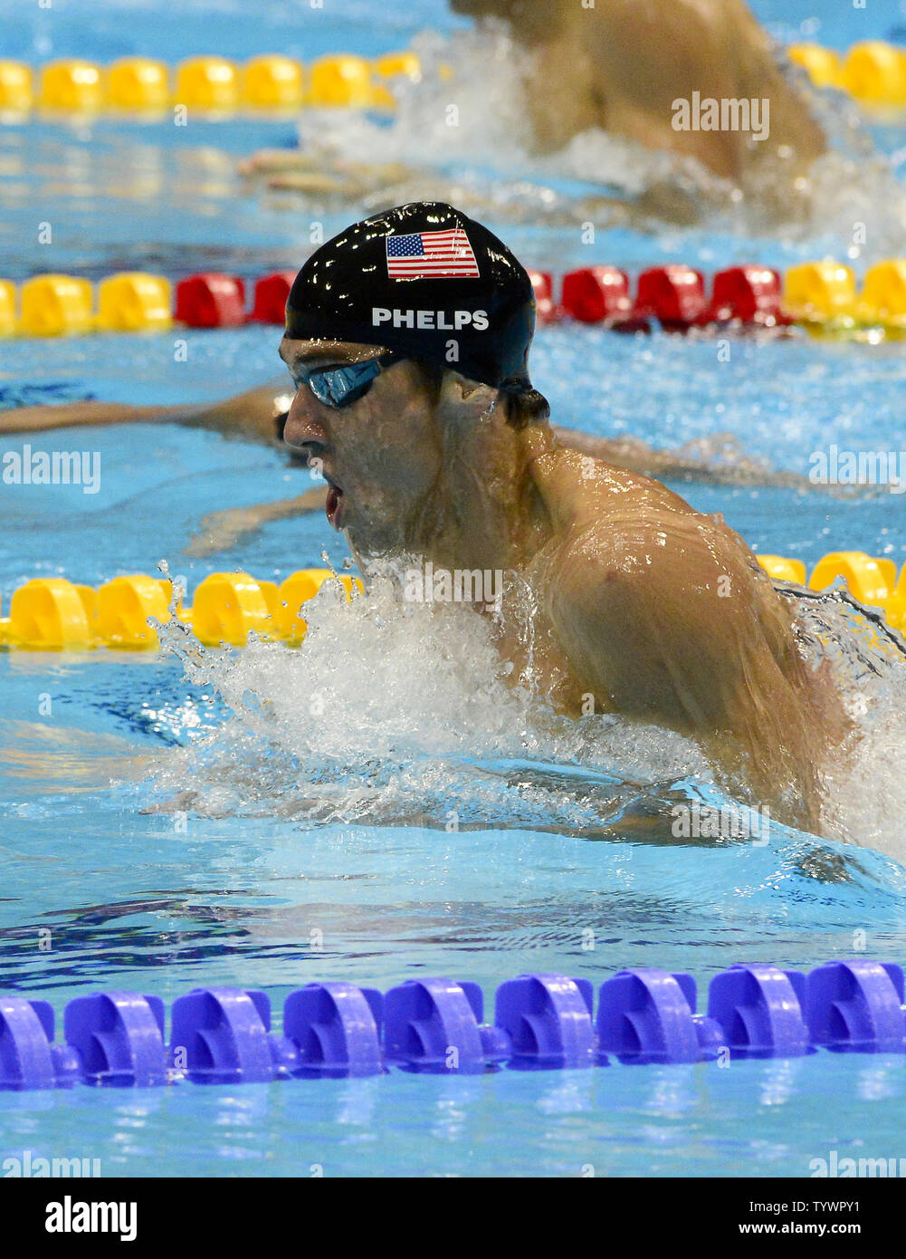 Michael Phelps competes in the Men's 200m Individual Medley Final at the London 2012 Summer Olympics on August 2, 2012 in London.  Phelps won the Gold Medal, finishing with a time of 1:54.27.  UPI/Ron Sachs Stock Photo