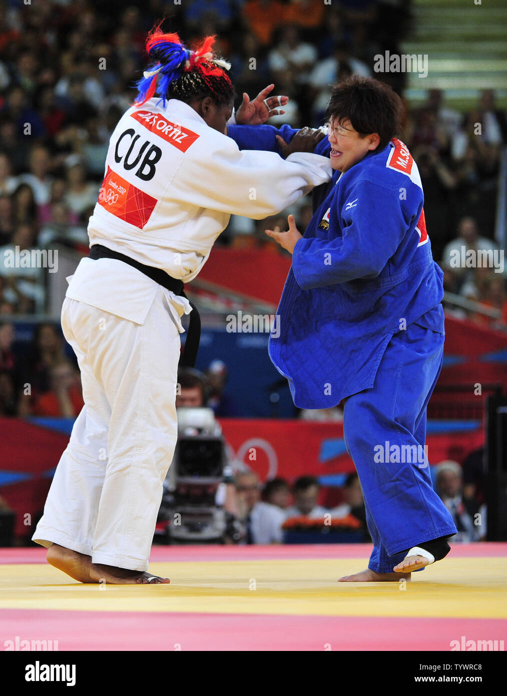 Idalys Ortiz of Cuba battles Mika Sugimoto of Japan in the Women's 78kg Gold Medal Judo contest at the London 2012 Summer Olympics on August 3, 2012 in London. Ortiz won the contest and the gold.  UPI/Ron Sachs Stock Photo