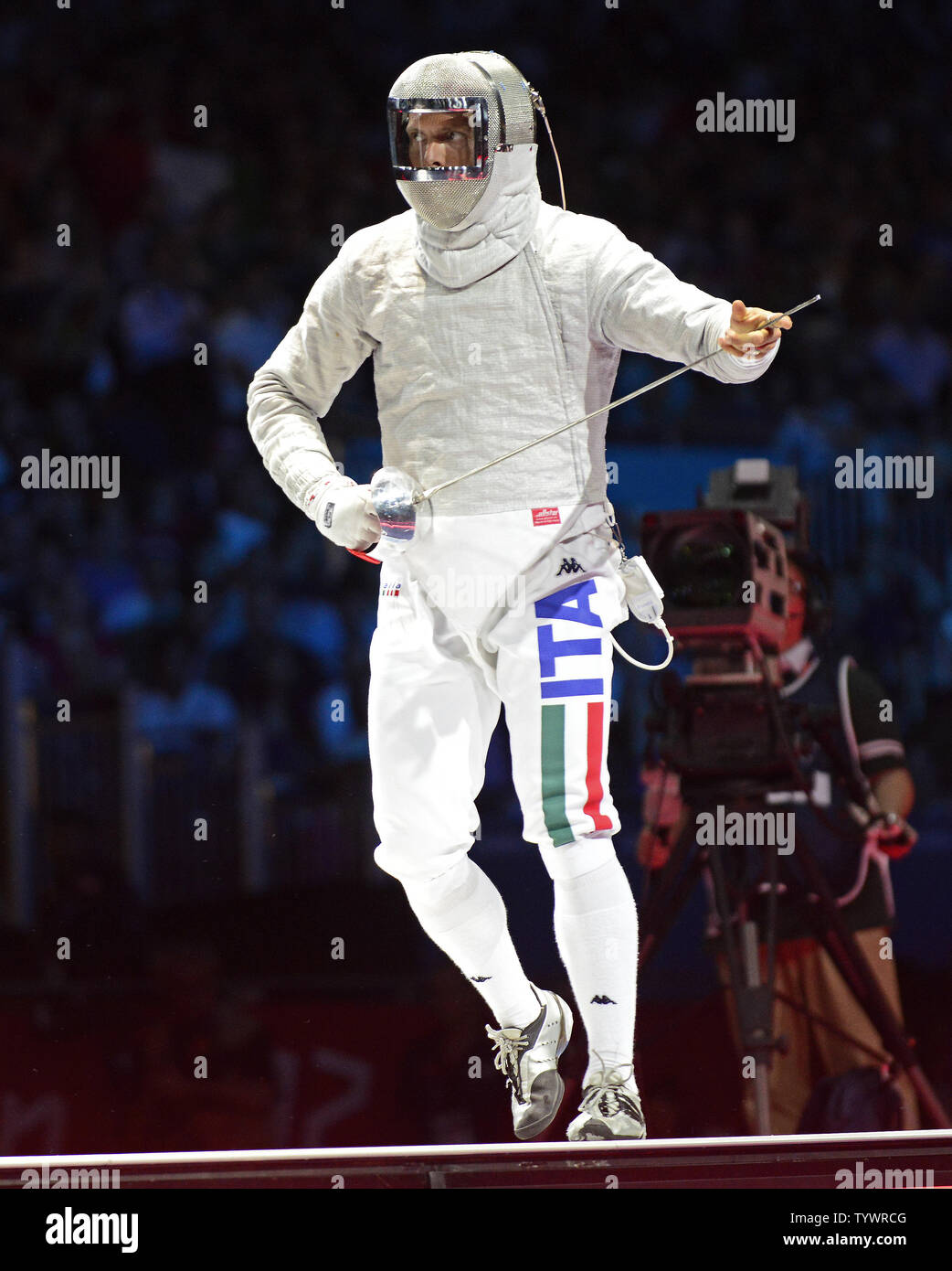Aldo Montano of Italy, checks his sabre in the Men's Sabre Team Bronze Medal match against Russia at the London 2012 Summer Olympics on August 3, 2012 in London. Italy won the bronze 45 - 40.  UPI/Ron Sachs Stock Photo