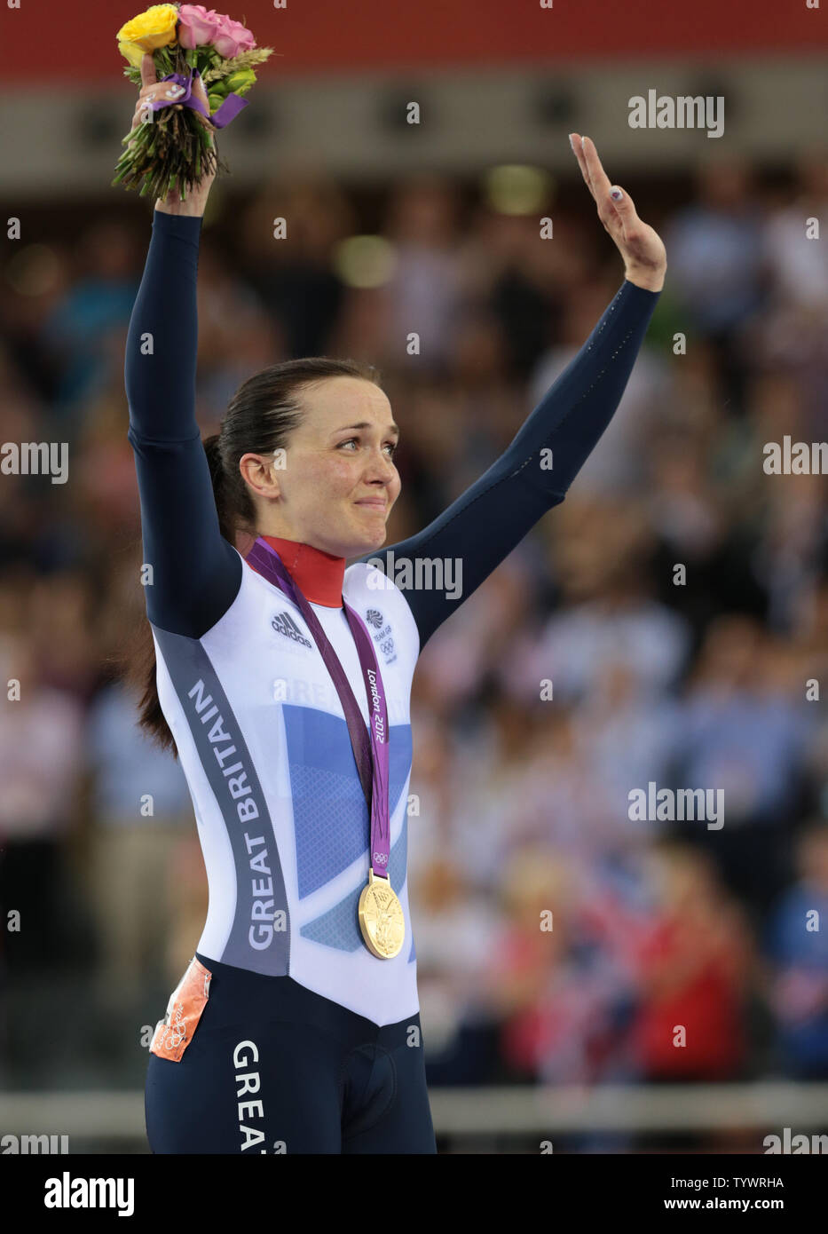 Great Britain's Victoria Pendleton celebrates her gold medal after winning the Women's Kerin cycling event at the Velodrome at the London 2012 Summer Olympics on August 03, 2012 in  London.     UPI/Hugo Philpott Stock Photo