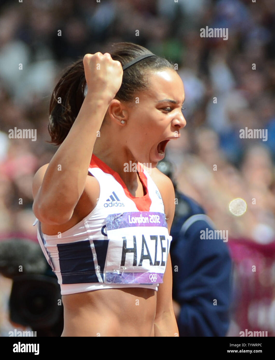 Louise Hazel of Great Britain celebrates a good javelin throw in Women