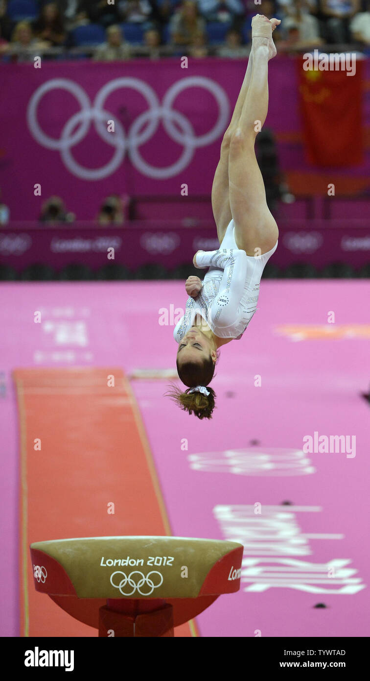 American gymnast McKayla Maroney is airborne as she competes in the vault during the Apparatus