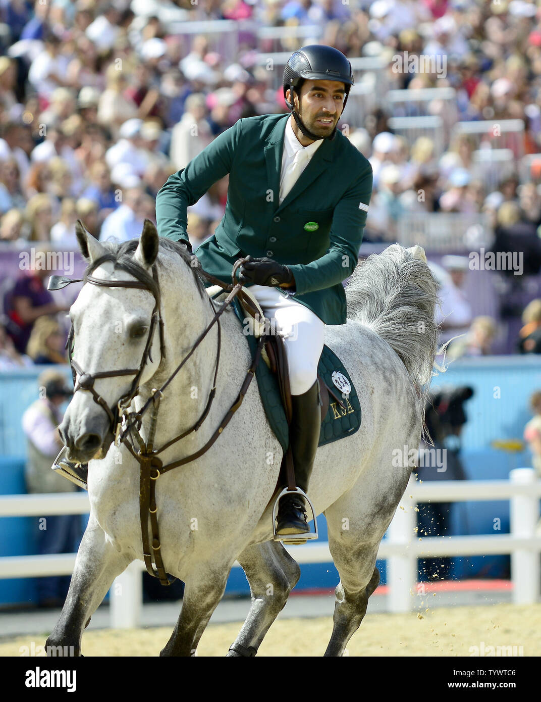 HRH Prince Abdullah Al-Saud of Saudi Arabia, riding Davos,  competes in the Equestrian the 3rd Qualifier Individual competition and round 2 of the Team Jumping competition at the London 2012 Summer Olympics on August 5, 2012 in London. The Saudi team finished third to capture the Bronze Medal.   UPI/Ron Sachs Stock Photo