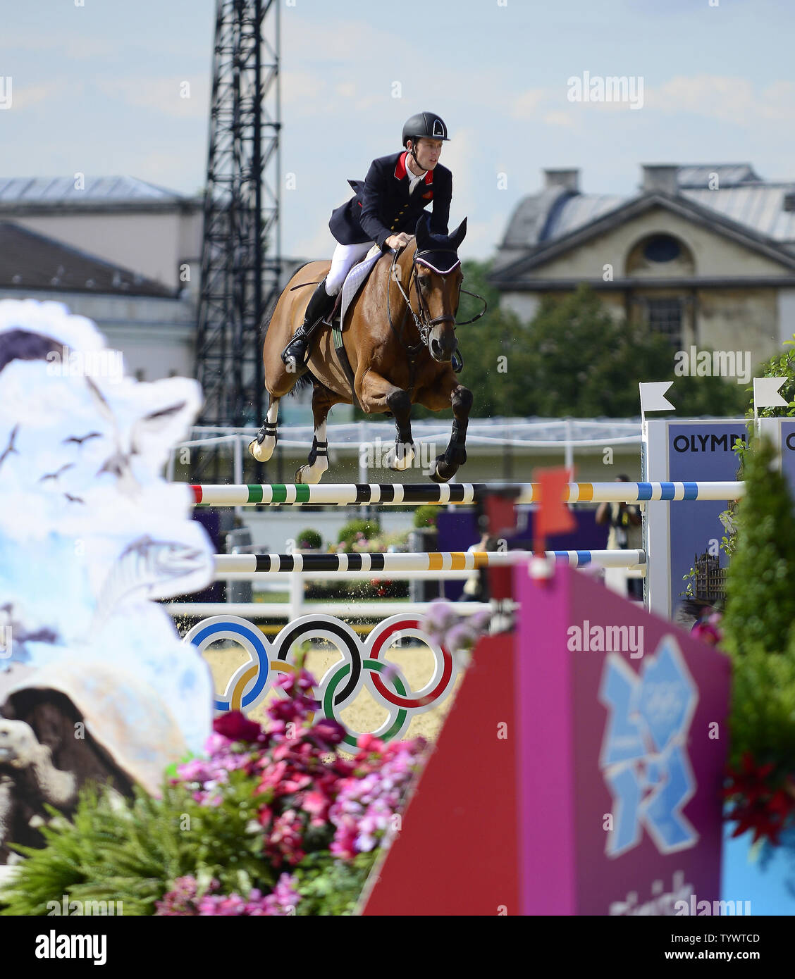 Scott Brash of Great Britain, riding Hello Sanctos, competes in the Equestrian 3rd Qualifier Individual competition and round 2 of the Team Jumping competition at the London 2012 Summer Olympics on August 5, 2012 in London.  The Great Britain team captured the Gold Medal.  UPI/Ron Sachs Stock Photo