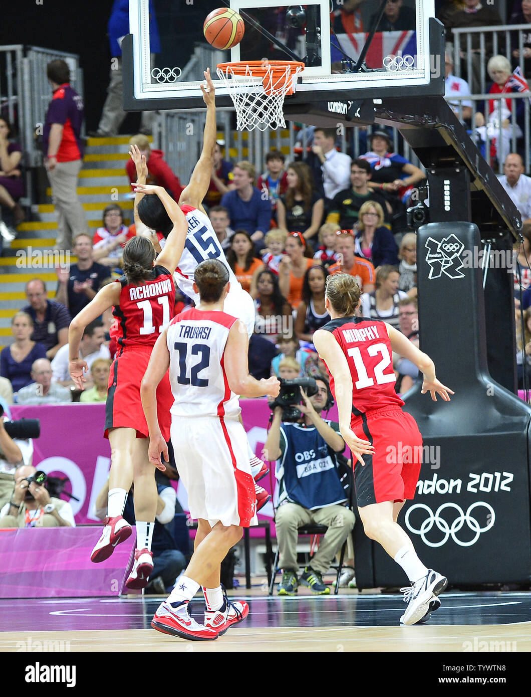 Candace Parker (15) of the United States scores a first quarter basket against Canada in the Women's Basketball quarterfinal at the London 2012 Summer Olympics on August 7, 2012 in London.   UPI/Ron Sachs Stock Photo