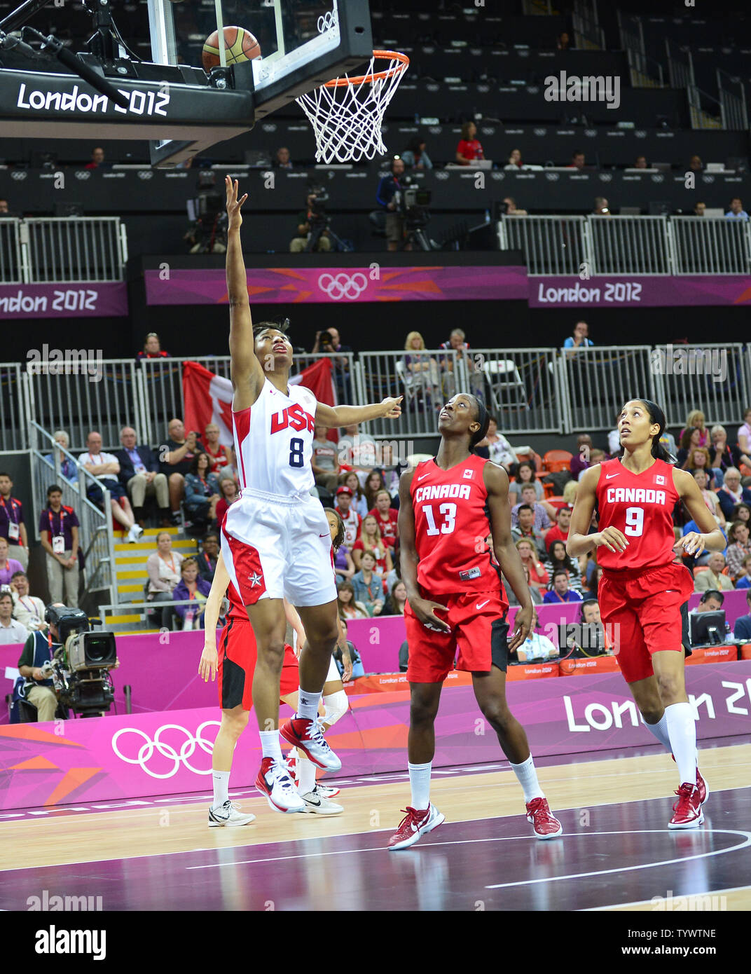 Forward / guard Angel McCoughtry (8) of the United States of America scores in the second half against Canada in the Women's Basketball quarterfinal at the London 2012 Summer Olympics on August 7, 2012 in London. The USA won the game 91 - 48.  UPI/Ron Sachs Stock Photo