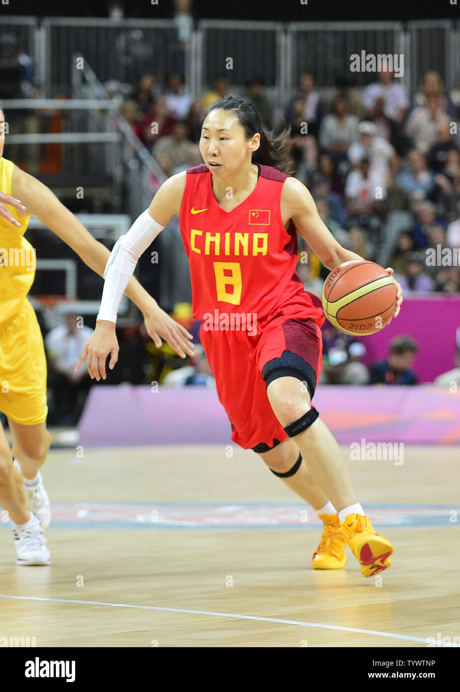 Guard Lijie Miao (8) of China brings the ball upcourt against Australia Australia in the Women's Basketball quarterfinal at the London 2012 Summer Olympics on August 7, 2012 in London.   UPI/Ron Sachs Stock Photo