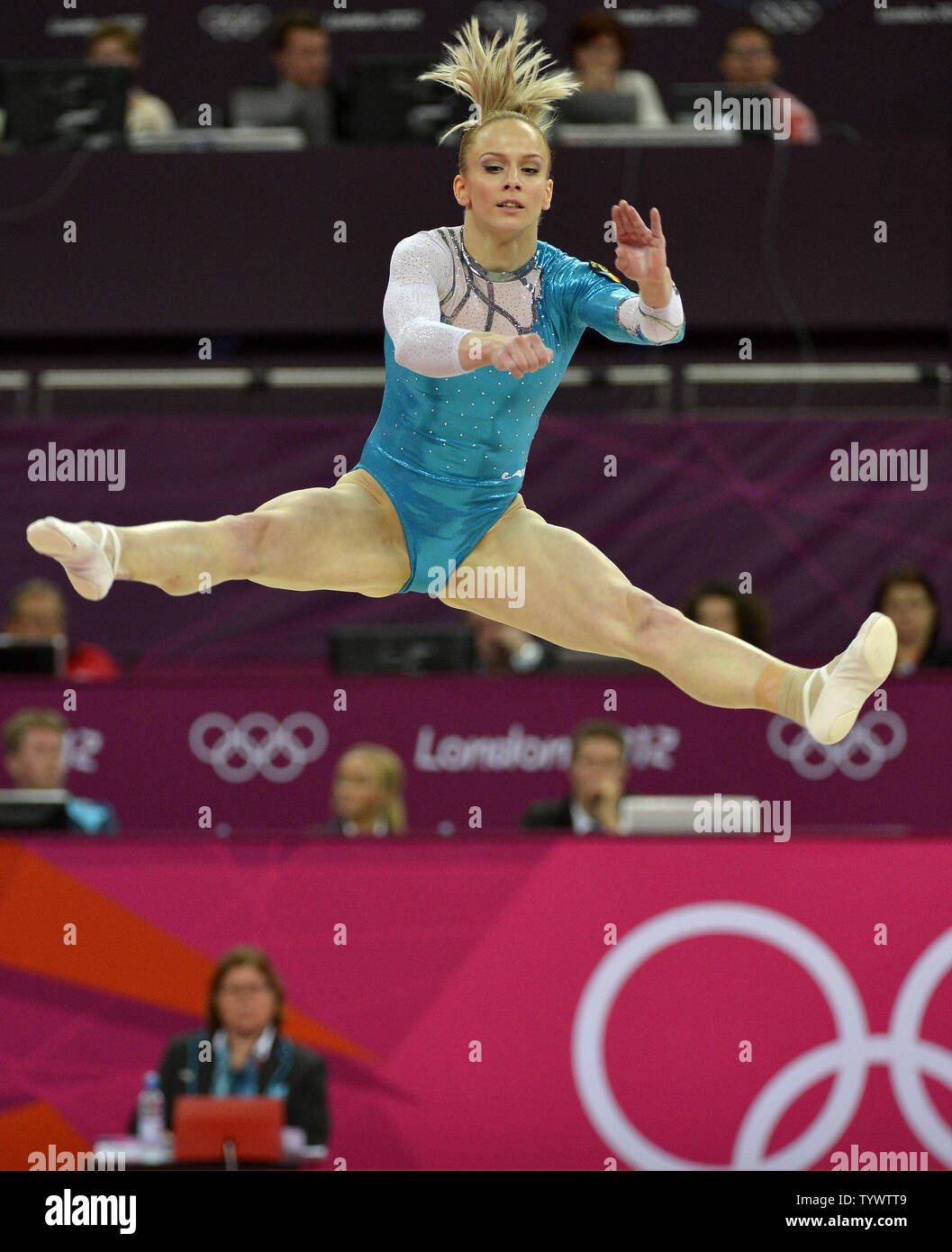 Romanian gymnast Catalina Ponor goes through her routine during the Apparatus Finals on the floor exercise, to win the silver medal at the Greenwich North Arena at the 2012 Summer Olympics, August 7, 2012, in London, England.              UPI/Mike Theiler Stock Photo