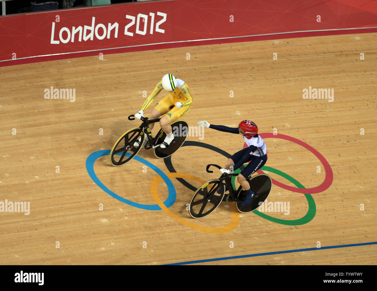 Great Britain's Victoria Pendleton offers her hand to Australia's Samantha Mears who won the Women's sprint at the Velodrome at the London 2012 Summer Olympics on August 7, 2012 in London.     UPI/Hugo Philpott Stock Photo