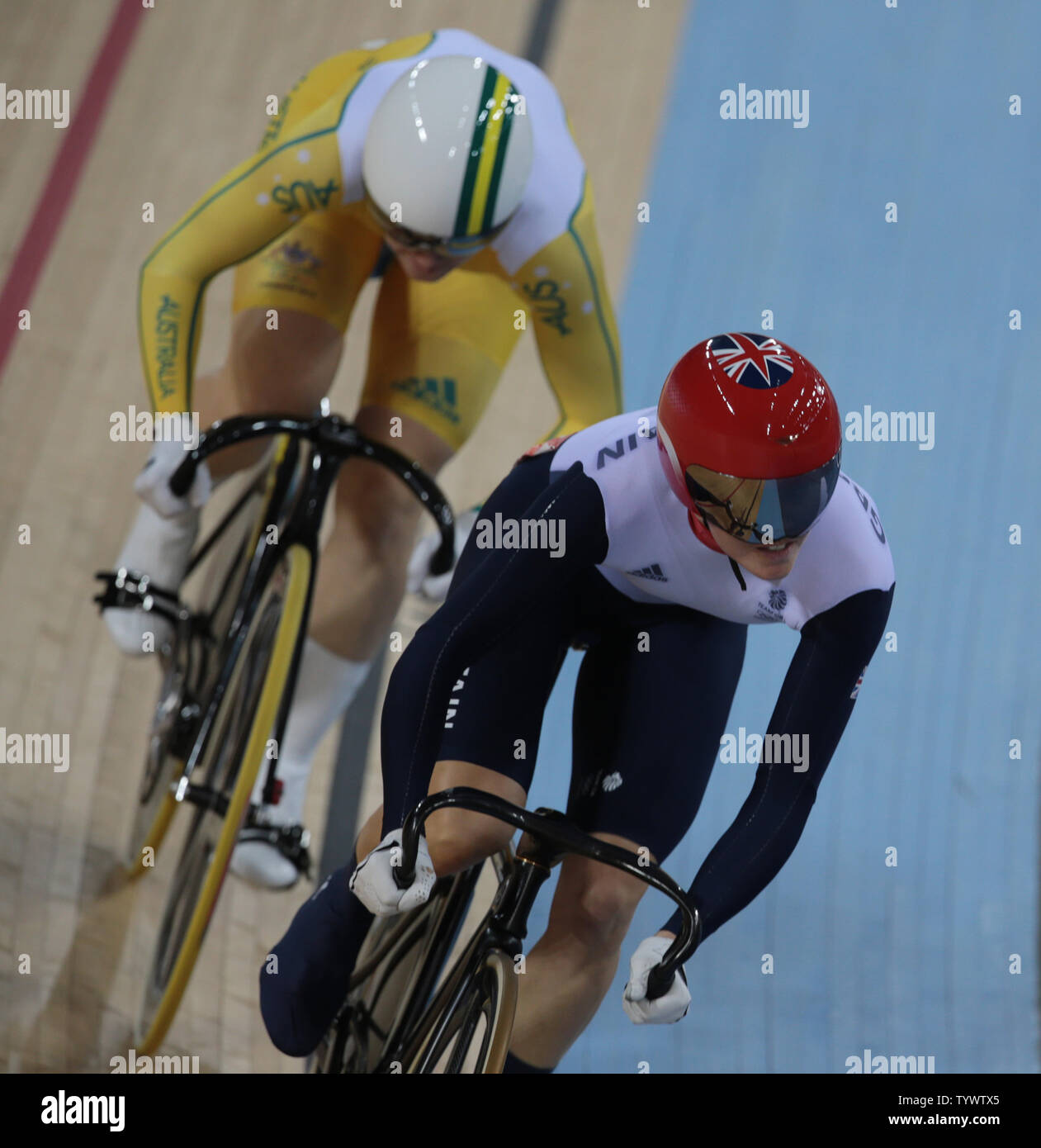 Australia's Anna Meares races against Great Britain's Victoria Pendleton in the Final of the Women's Sprint at the Velodrome at the London 2012 Summer Olympics on August 7, 2012 in London.     UPI/Hugo Philpott Stock Photo