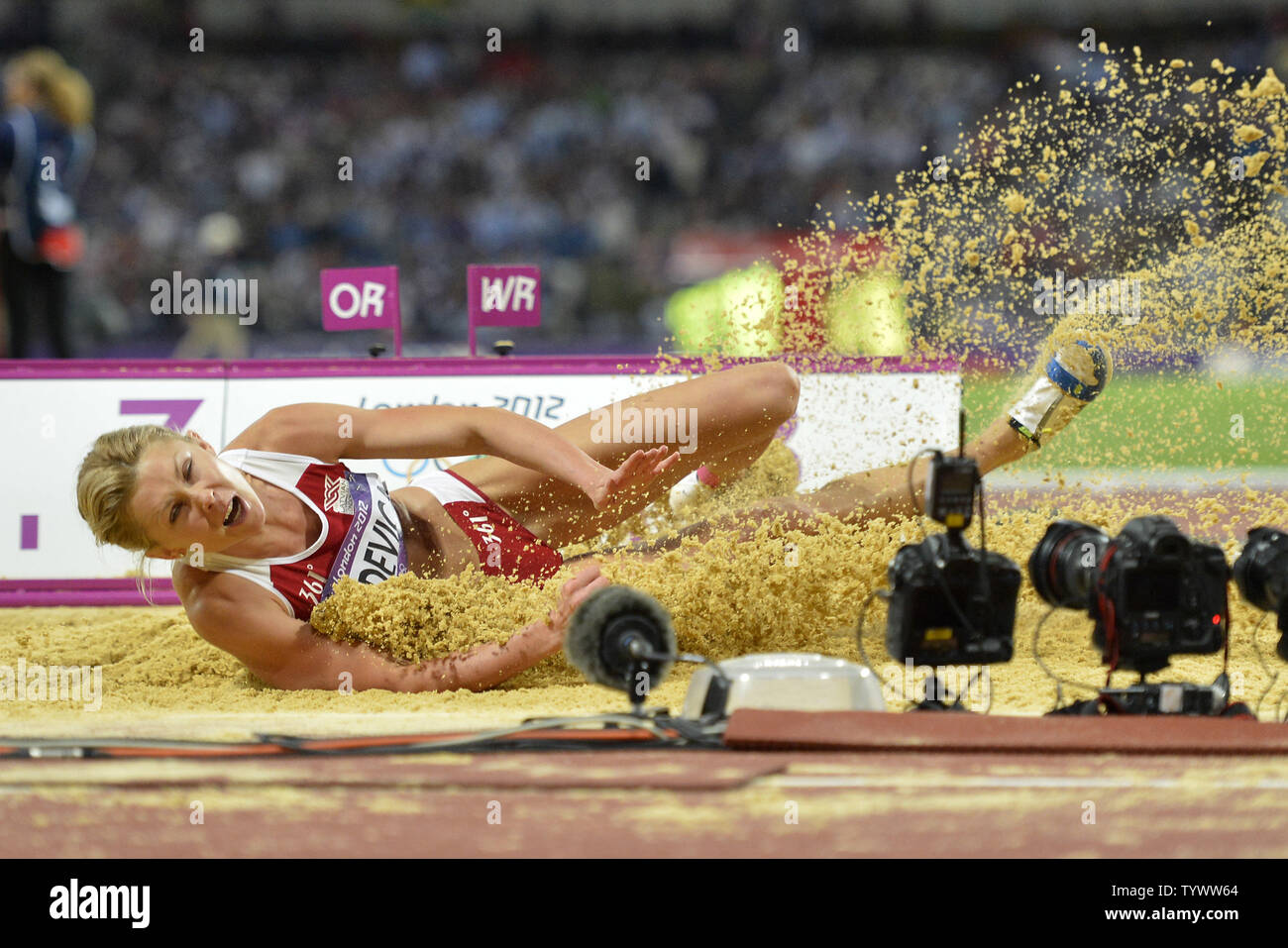 Ineta Radevica of Latvia competes in the Women's Long Jump Final at the London 2012 Summer Olympics on August 8, 2012 in Stratford, London. Radevica placed fourth in the competition with a jump of 6.88M in the final.     UPI/Brian Kersey Stock Photo