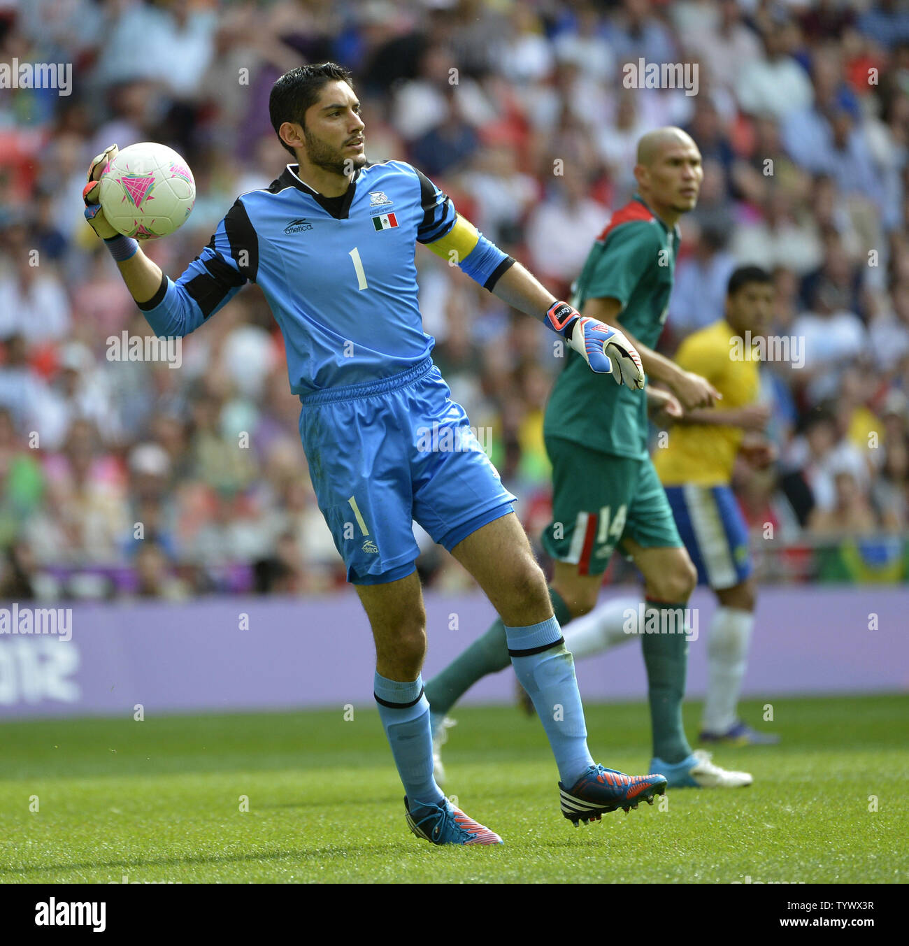 Goalkeeper Jose Corona of Mexico handles the ball during the second half of the Gold Medal Football Match against Braxzil at the London 2012 Summer Olympics on August 11, 2012 at Wembley Stadium, London. Mexico defeated Brazil 2-1 to win the Gold Medal.      UPI/Brian Kersey Stock Photo