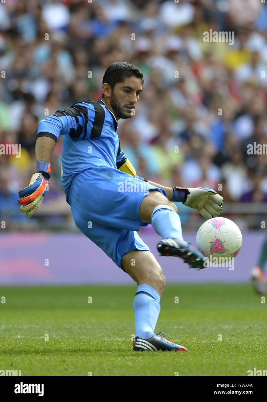 Goalkeeper Jose Corona of Mexico kicks  the ball during the second half of the Gold Medal Football Match against Brazil at the London 2012 Summer Olympics on August 11, 2012 at Wembley Stadium, London. Mexico defeated Brazil 2-1 to win the Gold Medal.      UPI/Brian Kersey Stock Photo