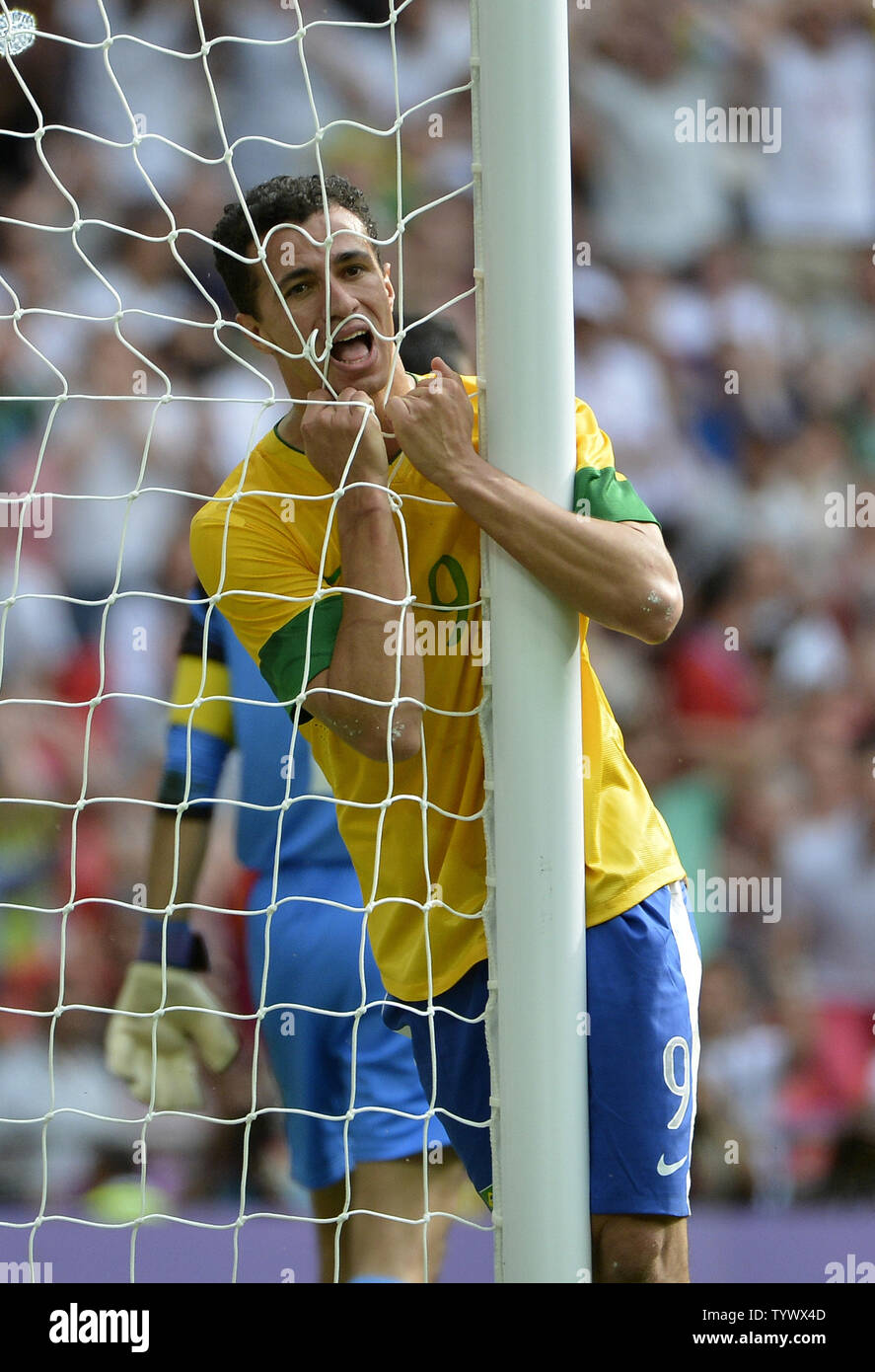 Forward Leandro Damiao of Brazil reacts after Brazil missed a shot on goal during the second half of the Gold Medal Football Match against Mexico at the London 2012 Summer Olympics on August 11, 2012 at Wembley Stadium, London. Mexico defeated Brazil 2-1 to win the Gold Medal.      UPI/Brian Kersey Stock Photo