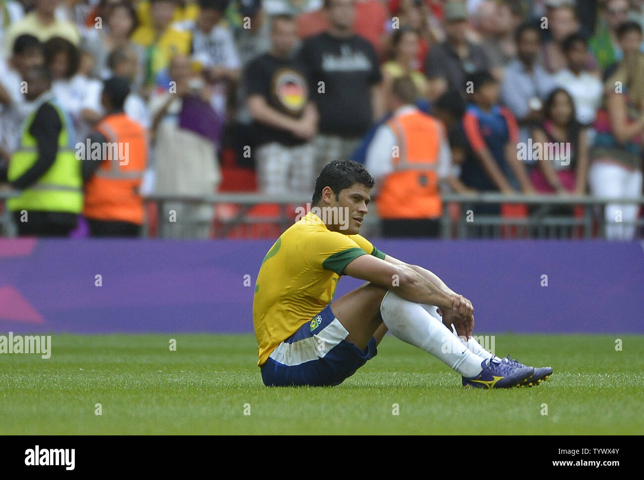 forward Hulk of Brazil sits on the field after losing to Brazil in the Gold Medal Football Match at the London 2012 Summer Olympics on August 11, 2012 at Wembley Stadium, London. Mexico defeated Brazil 2-1 to win the Gold Medal.      UPI/Brian Kersey Stock Photo