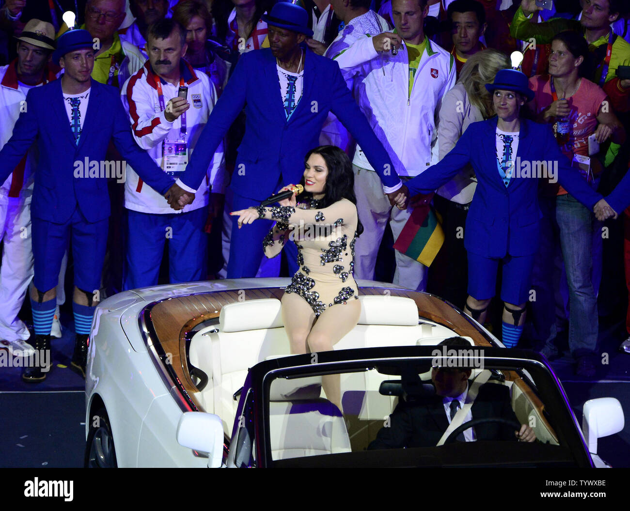 Jesse J performs from the back of a limousine during the Closing ceremony of the London 2012 Summer Olympics on August 12, 2012 in London.   UPI/Ron Sachs Stock Photo