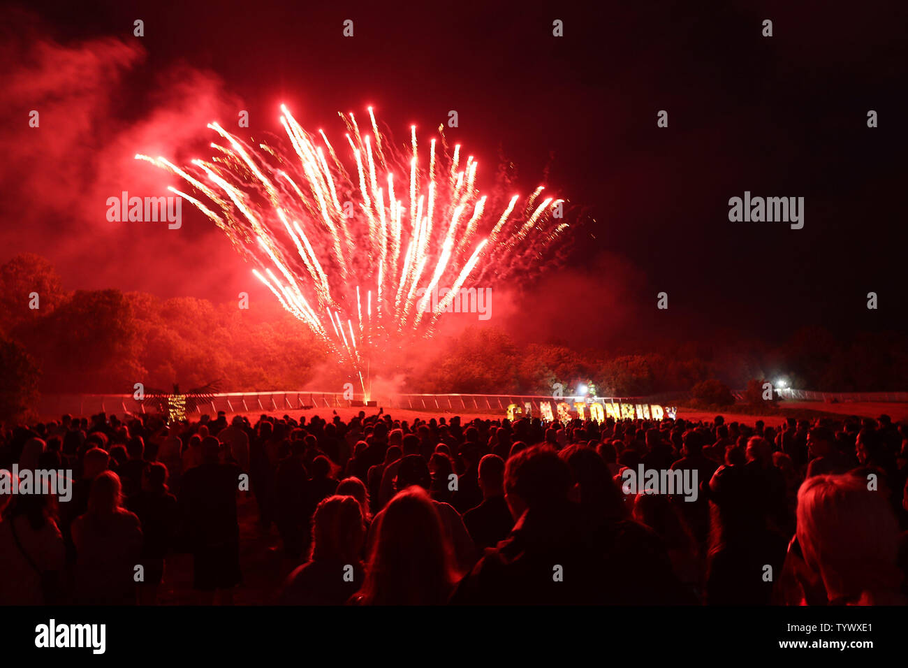 Fireworks on first day glastonbury festival worthy farm hires stock