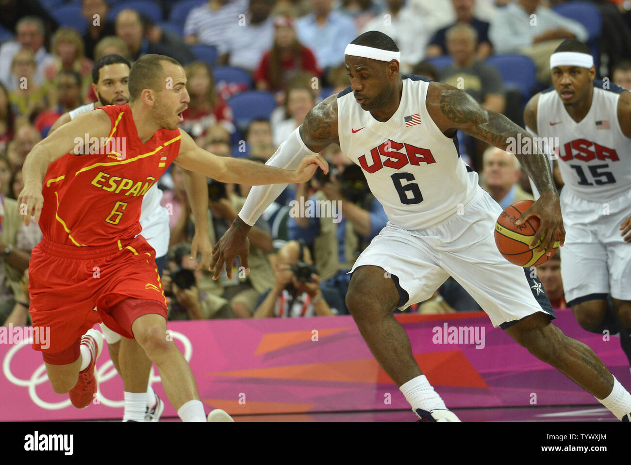 United States' Lebron James sttempts to dribble around Spain's Sergio  Rodriguez during the USA-Spain Men's Basketball Gold Medal Medal game at  the 2012 Summer Olympics, August 12, 2012, in London, England. UPI/Mike