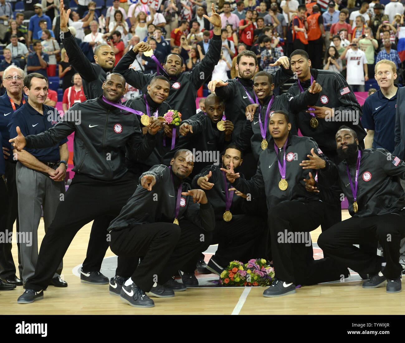 Members Of The United States Men S Basketball Team Pose For A Group Photo After Receiving Their Gold Medals For Defeating Spain 107 100 At The 12 Summer Olympics August 12 12 In London