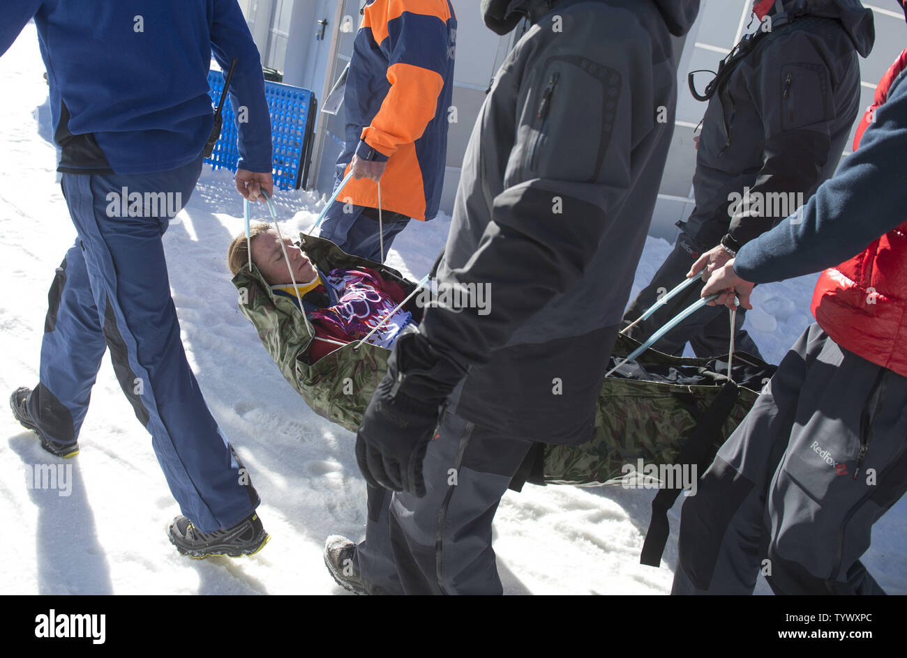 Norwegian snowboarder Torstein Horgmo, a medal contender in slopestyle, is carried off the course by medical staff after breaking his collarbone on a training run at the Rosa Khutor Extreme Park prior to the start of the Sochi 2014 Winter Olympics on February 3, 2014 in Kransnaya Polyana, Russia. UPI/Kevin Dietsch Stock Photo