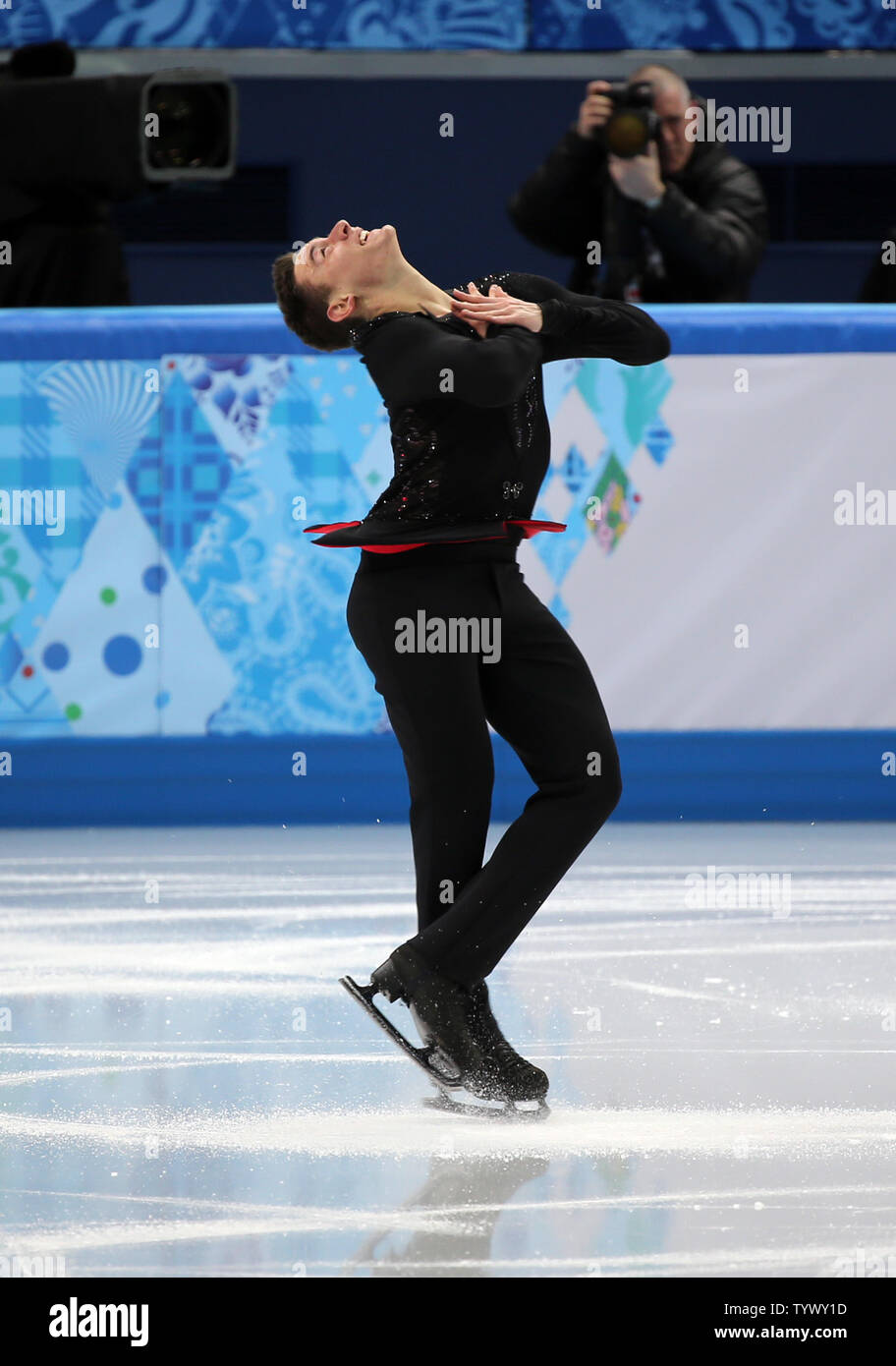 British Matthew Parr performs during the figure skating team's men short program competition as part of the Winter Olympics Games in Sochi, Russia on February 6, 2014. Team figure skating made its debut at the Olympics today, an event held a day before the official opening ceremony. UPI/Maya Vidon-White Stock Photo