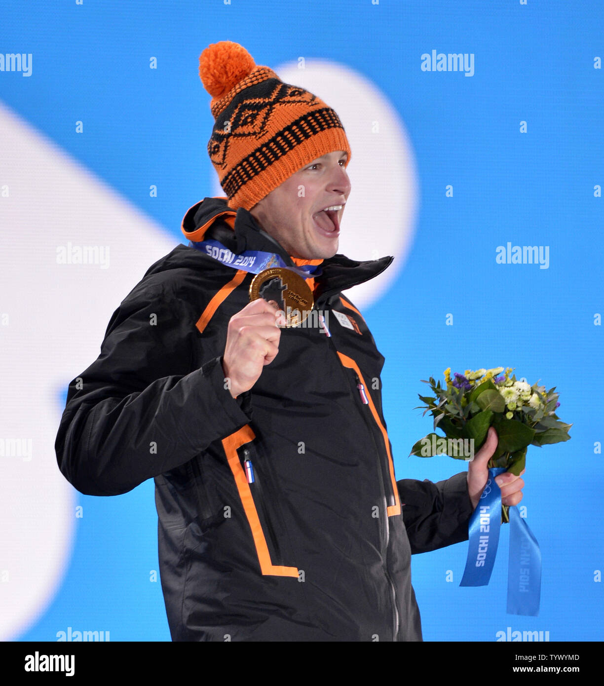The Netherlands' Sven Kramer reacts after being presented with the gold medal for the Men's 5000m Speed Skating event during a victory ceremony at the Sochi 2014 Winter Olympics on February 9, 2014 in Sochi, Russia.     UPI/Kevin Dietsch Stock Photo