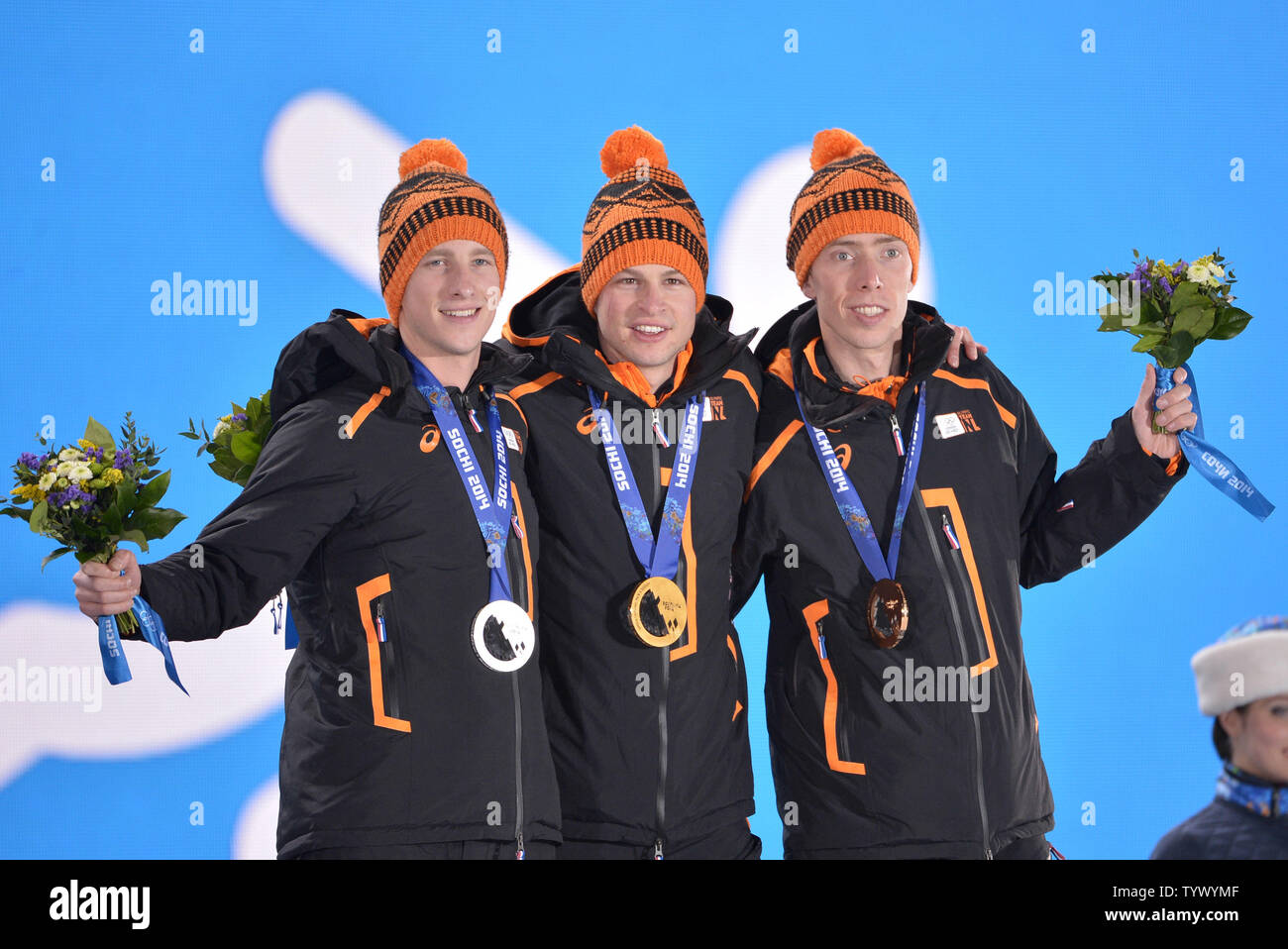 The Netherlands' Jan Blokhuijsen (L-R), Sven Kramer and Jorrit Bergsma hold their silver, gold and bronze medals during a victory ceremony for the Men's 5000m Speed Skating event at the Sochi 2014 Winter Olympics on February 9, 2014 in Sochi, Russia.     UPI/Kevin Dietsch Stock Photo