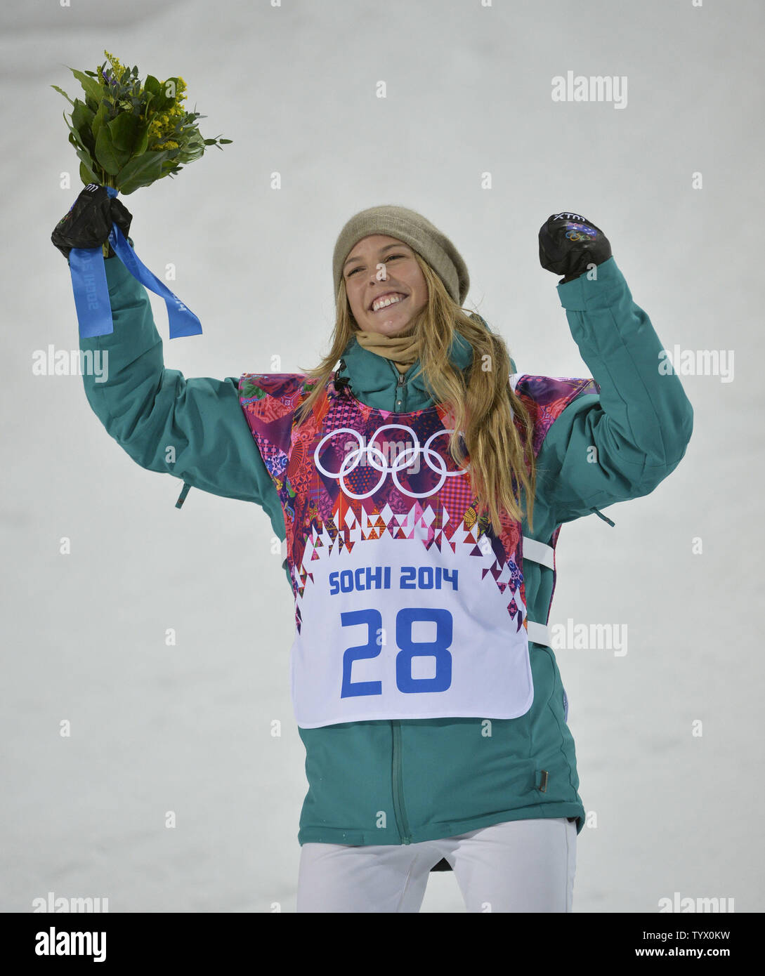 Australia's Torah Bright celebrates during the flower ceremony for the ladies' snowboard halfpipe at the Sochi 2014 Winter Olympics on February 12, 2014 in Krasnaya Polyana, Russia. Bright won a silver medal in the event.      UPI/Brian Kersey Stock Photo