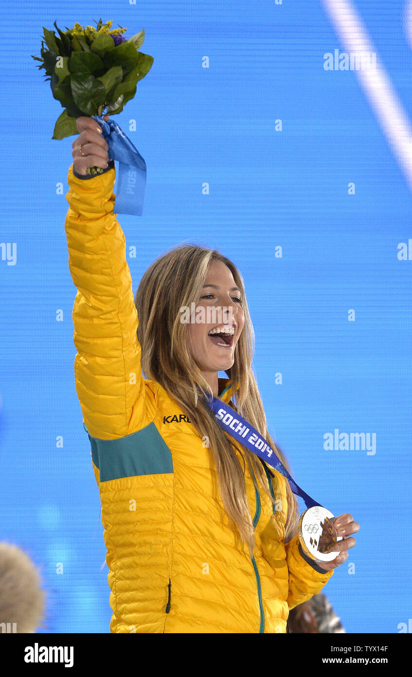 Australia's Torah Bright celebrates with her silver medal during the victory ceremony for ladies' snowboard half pipe at the Sochi 2014 Winter Olympics on February 13, 2014 in Sochi, Russia.      UPI/Brian Kersey Stock Photo
