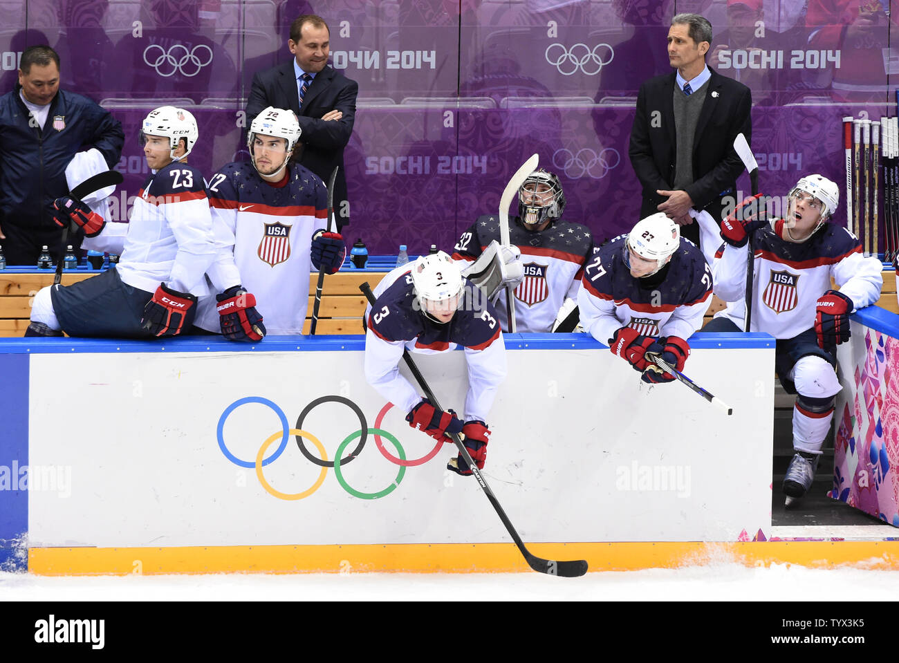 USA's Dustin Brown (23), Justin Faulk (72), Cam Fowler (3), Jonathan Quick (32), Ryan McDonagh (27) and USA's John Carlson (4) watch Canada celebration at the end of their game during the hockey play-offs semifinals at the Sochi 2014 Winter Olympics on February 21, 2014 in Sochi, Russia.  Canada defeated USA 1-0 to advance to the gold medal game against Sweden.  USA will play Finland for the bronze.  UPI/Molly Riley Stock Photo