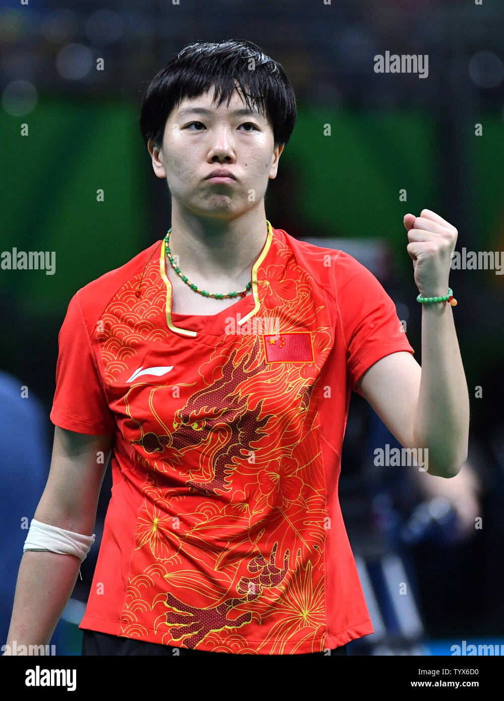 China's Li Xiaoxia celebrates after scoring in her table tennis match at the 2016 Rio Summer Olympics in Rio de Janeiro, Brazil, August 8, 2016. Photo by Kevin Dietsch/UPI Stock Photo